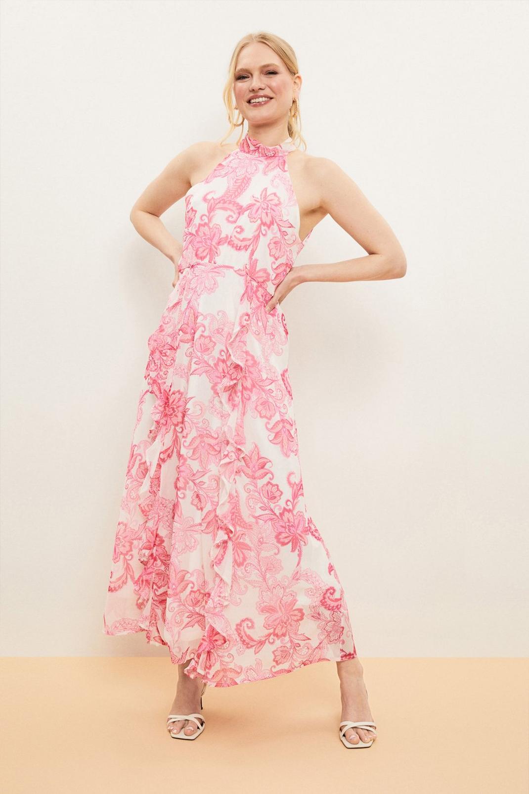 Petite Pink Paisley Ruffle Halter Maxi Dress image number 1