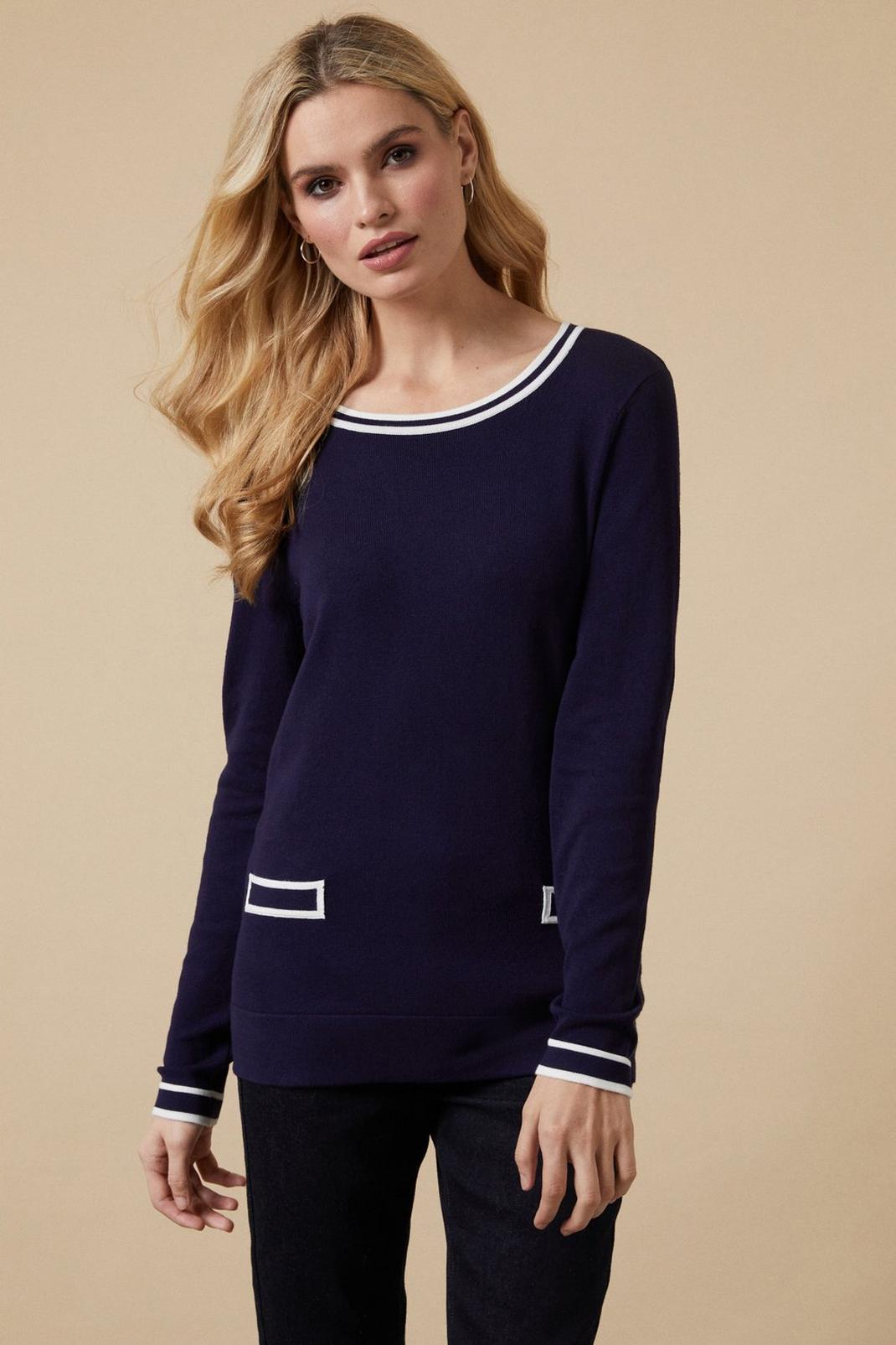 Navy Tipped Crew Neck Jumper image number 1
