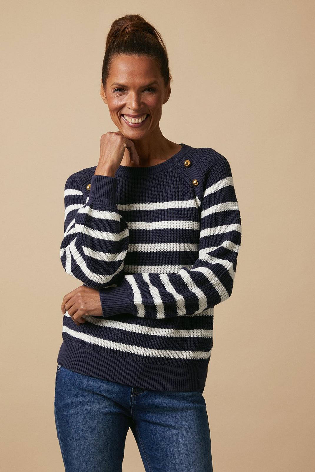 Navy Striped Button Crew Neck Jumper image number 1