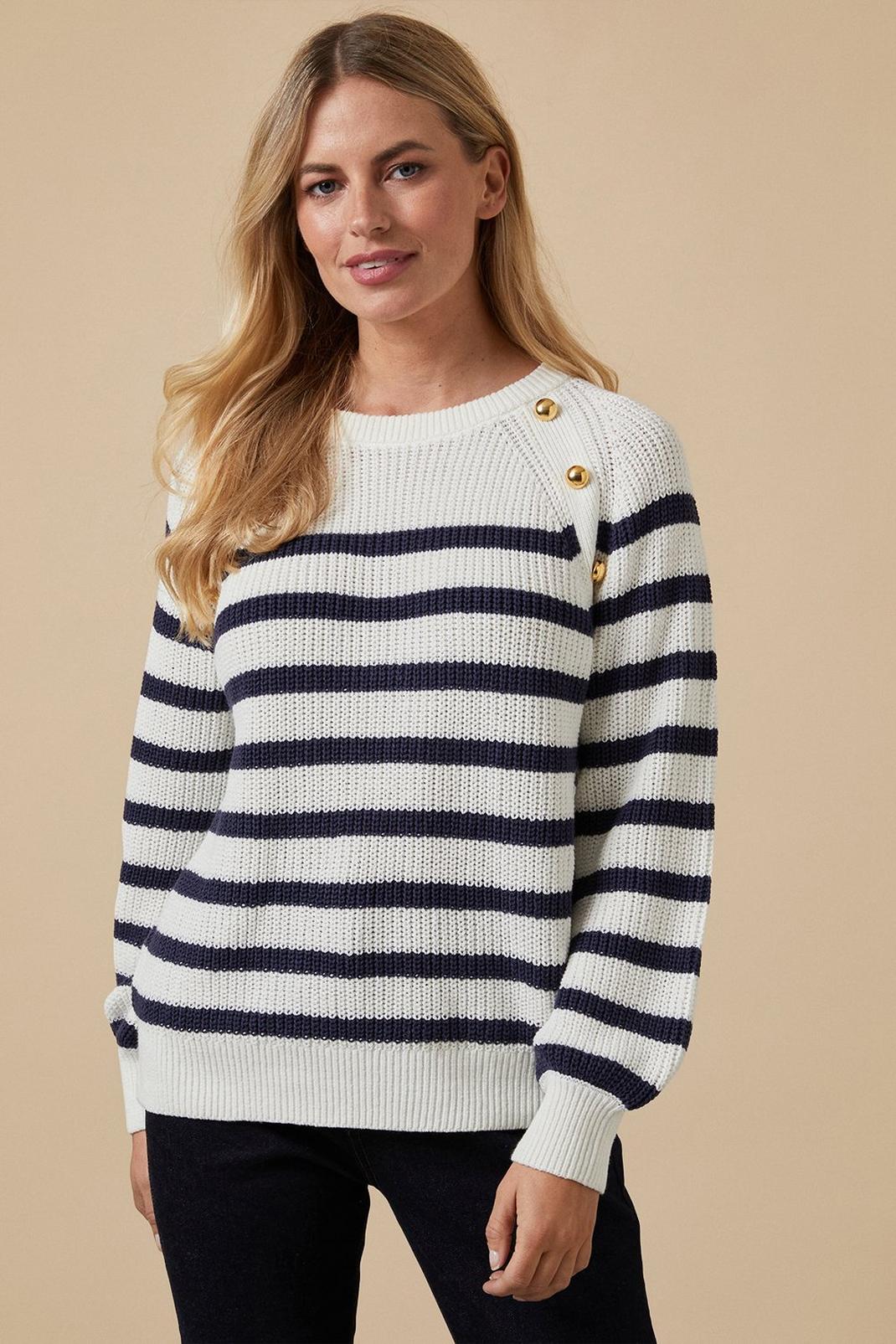 Ivory Petite Striped Button Crew Neck Jumper image number 1