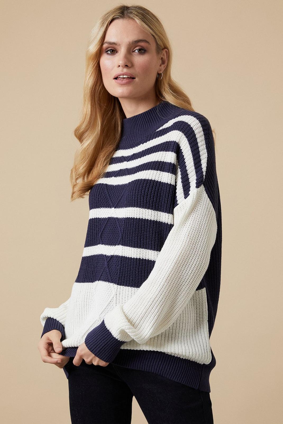 Ivory Cable Striped High Neck Jumper image number 1