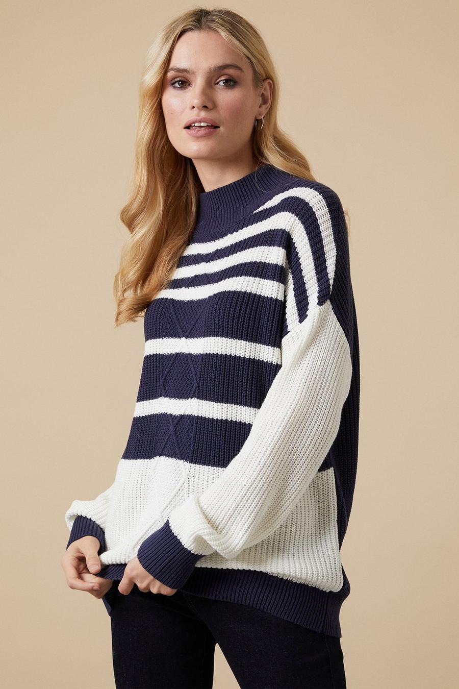 Ivory Cable Striped High Neck Jumper