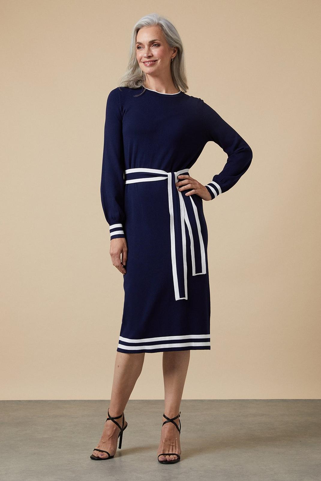 Navy Tipped Belted Knitted Dress image number 1
