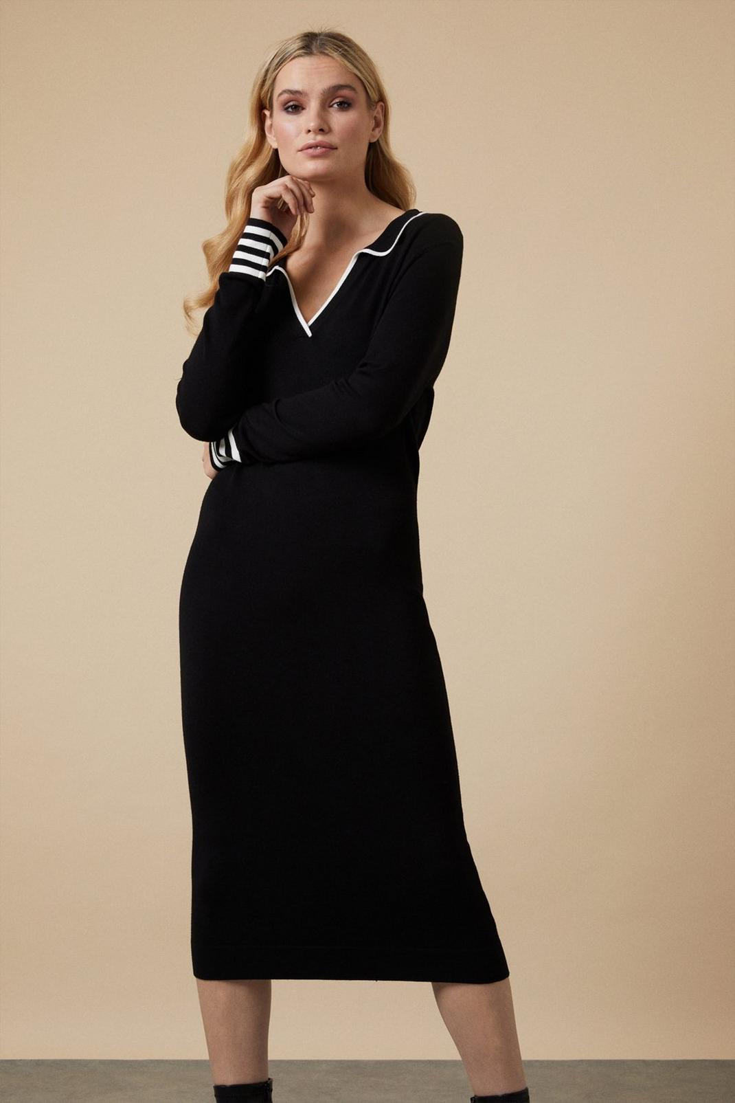 Black Tipped Collar Knitted Dress image number 1