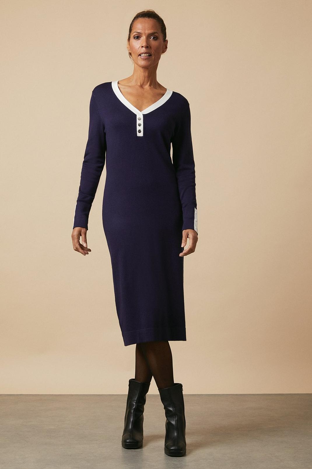 Navy Tipped Button V Neck Knitted Dress image number 1