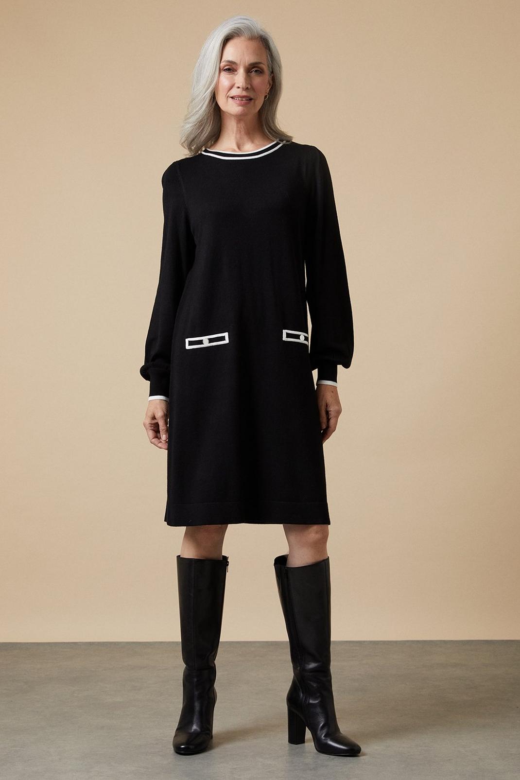 Black Tipped Pocket Knitted Swing Dress image number 1