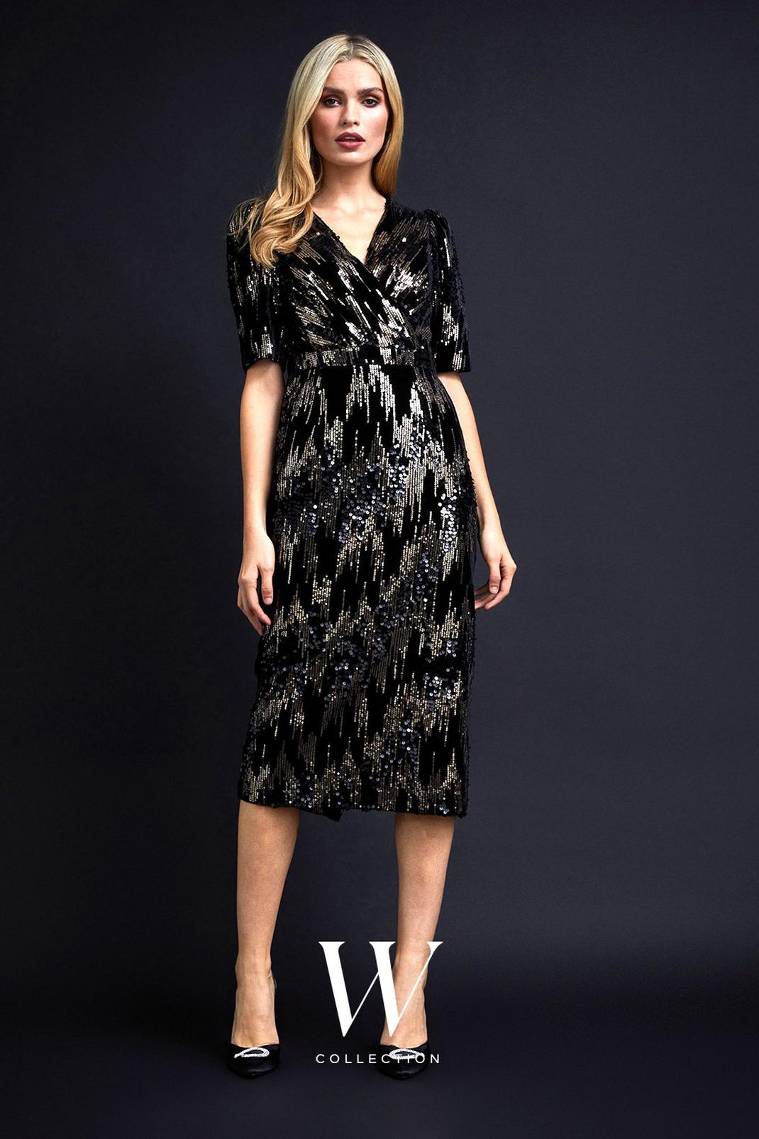 Black Sequin Velvet Wrap Midi Dress image number 1