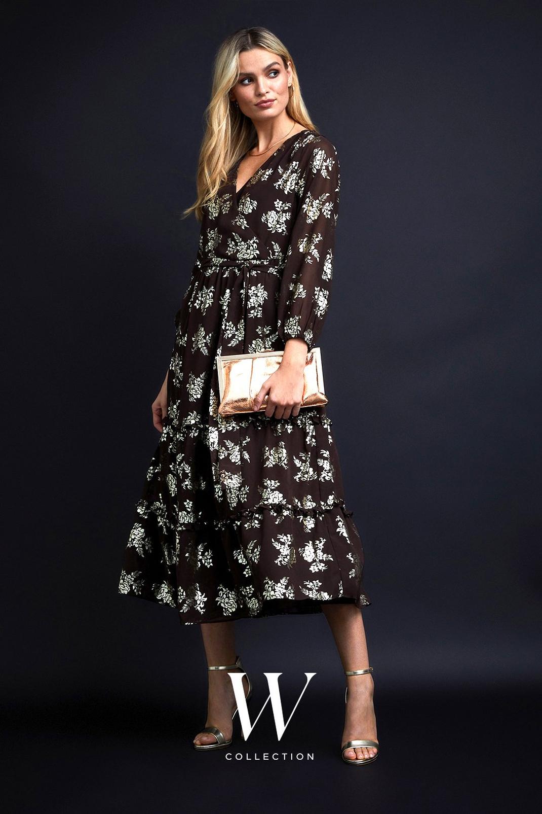 Chocolate Floral Foil Print Tiered Midi Dress image number 1