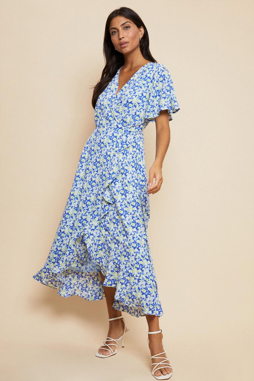 Blue Ditsy Floral Ruffle Wrap Dress image number 1