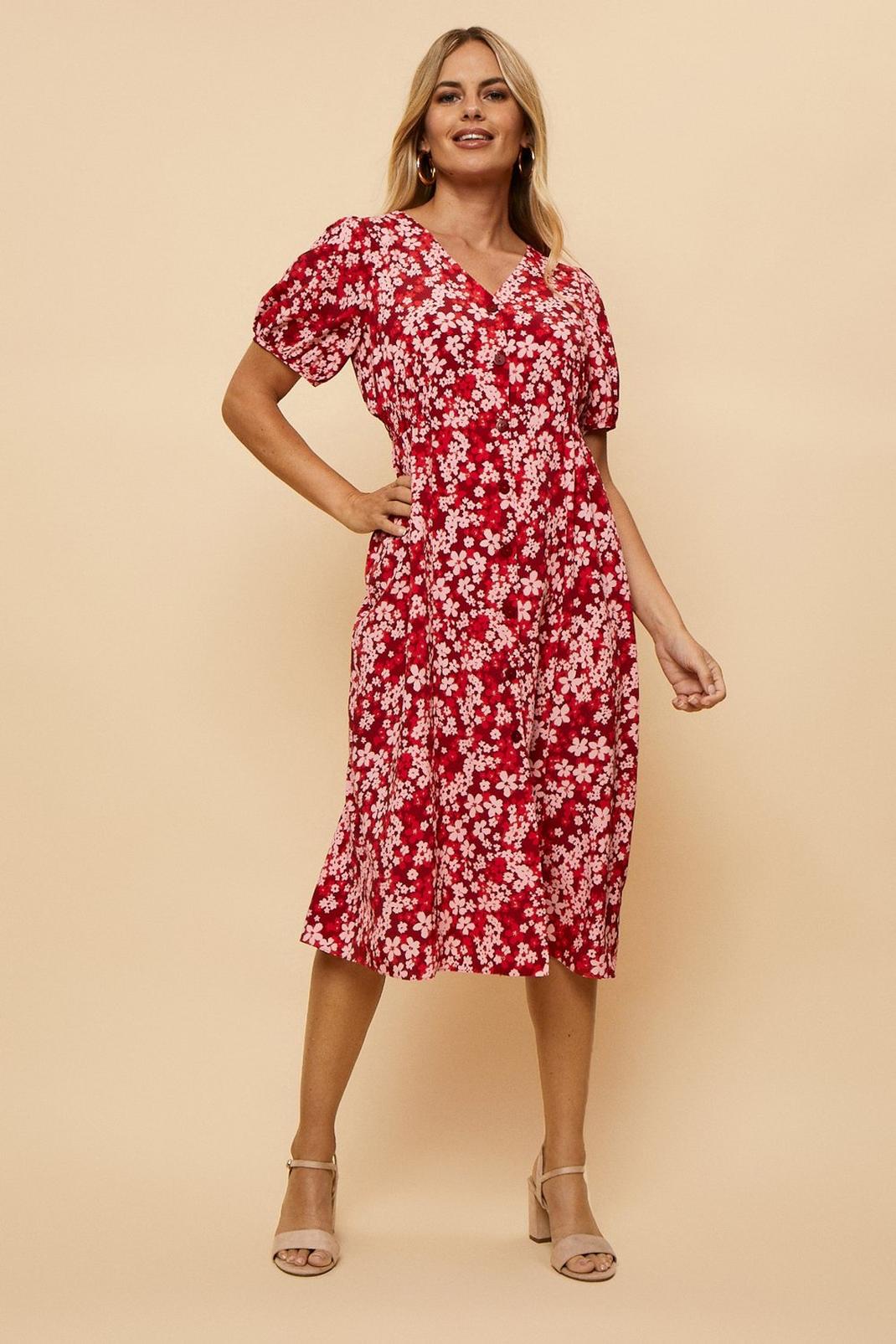 Petite Red Ditsy Woven Midi Dress image number 1