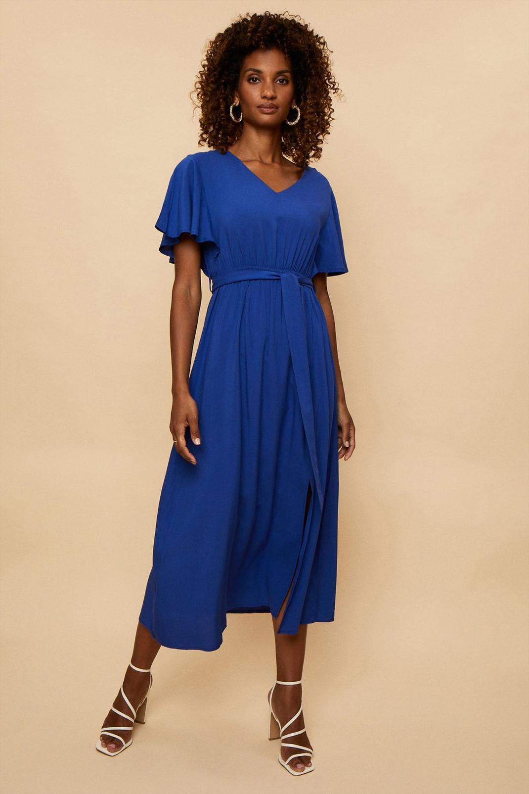 Blue Plain Belted Midi Dress image number 1