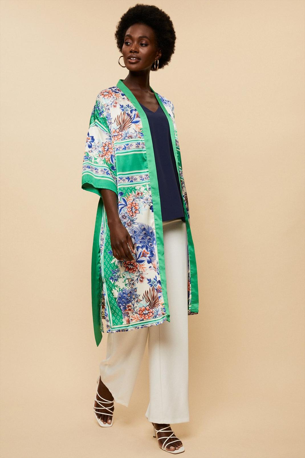 Green Scarf Print Belted Kimono image number 1