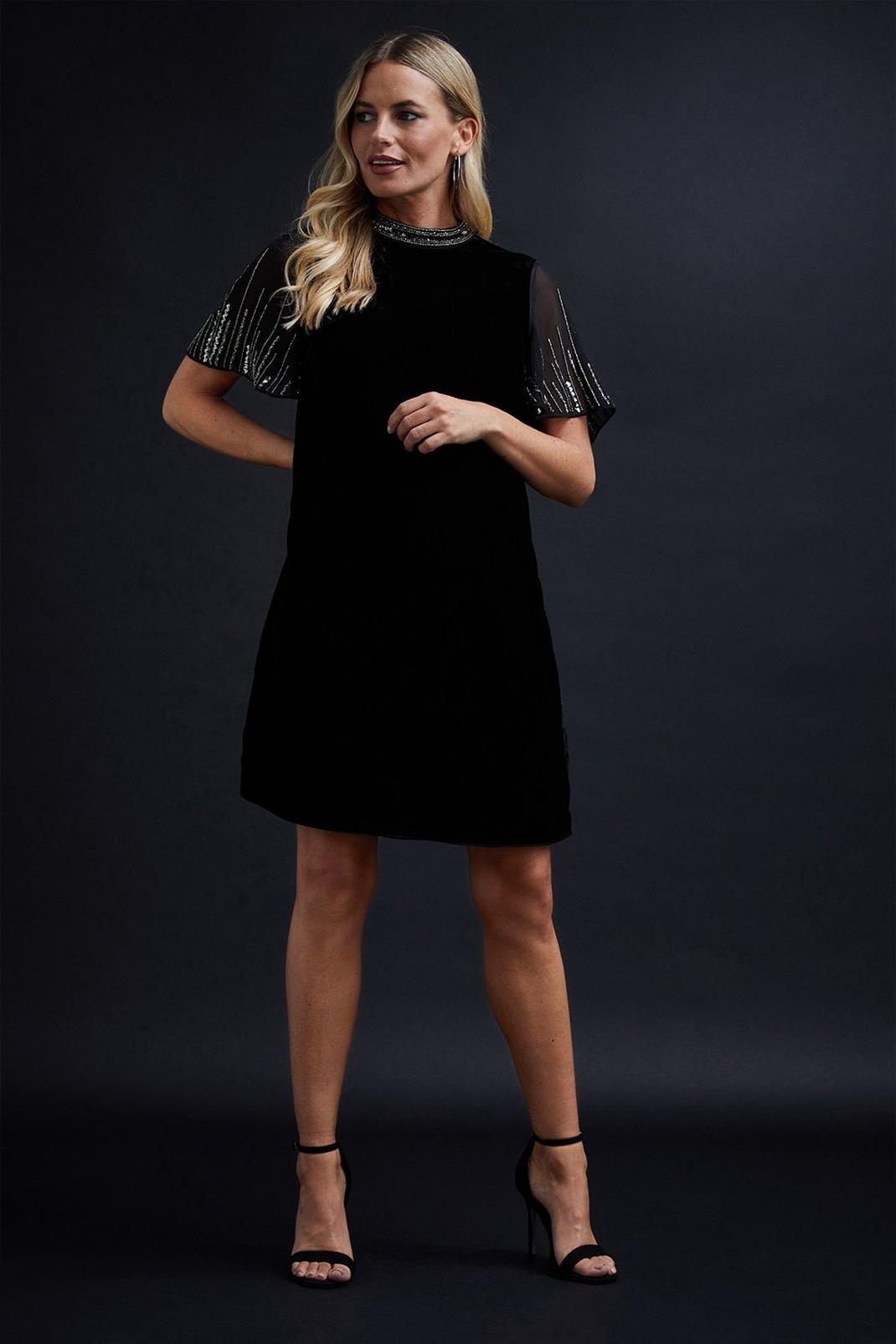 Black Petite Velvet Embellished Shift Dress image number 1