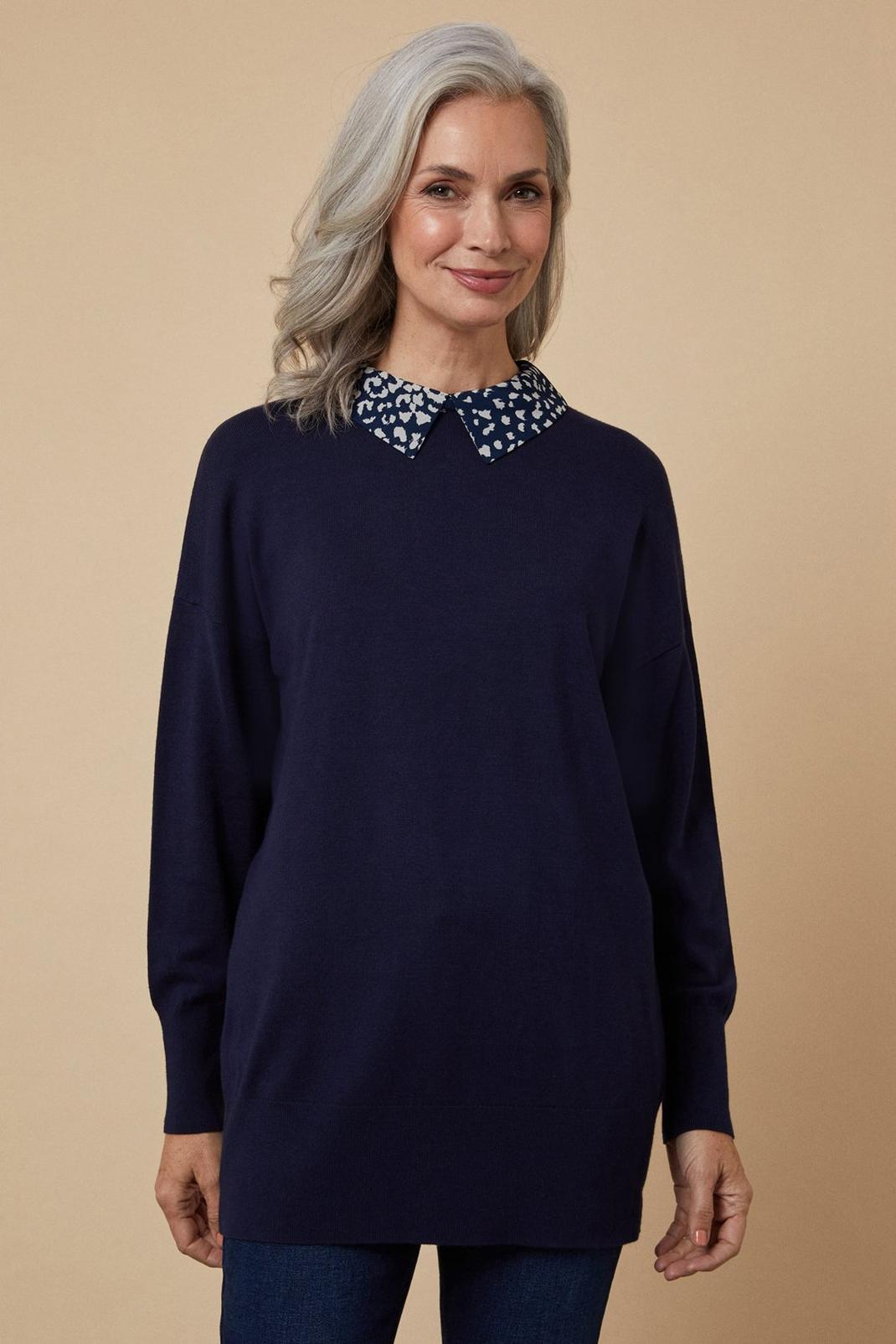 Navy woven Collar Knitted Tunic image number 1