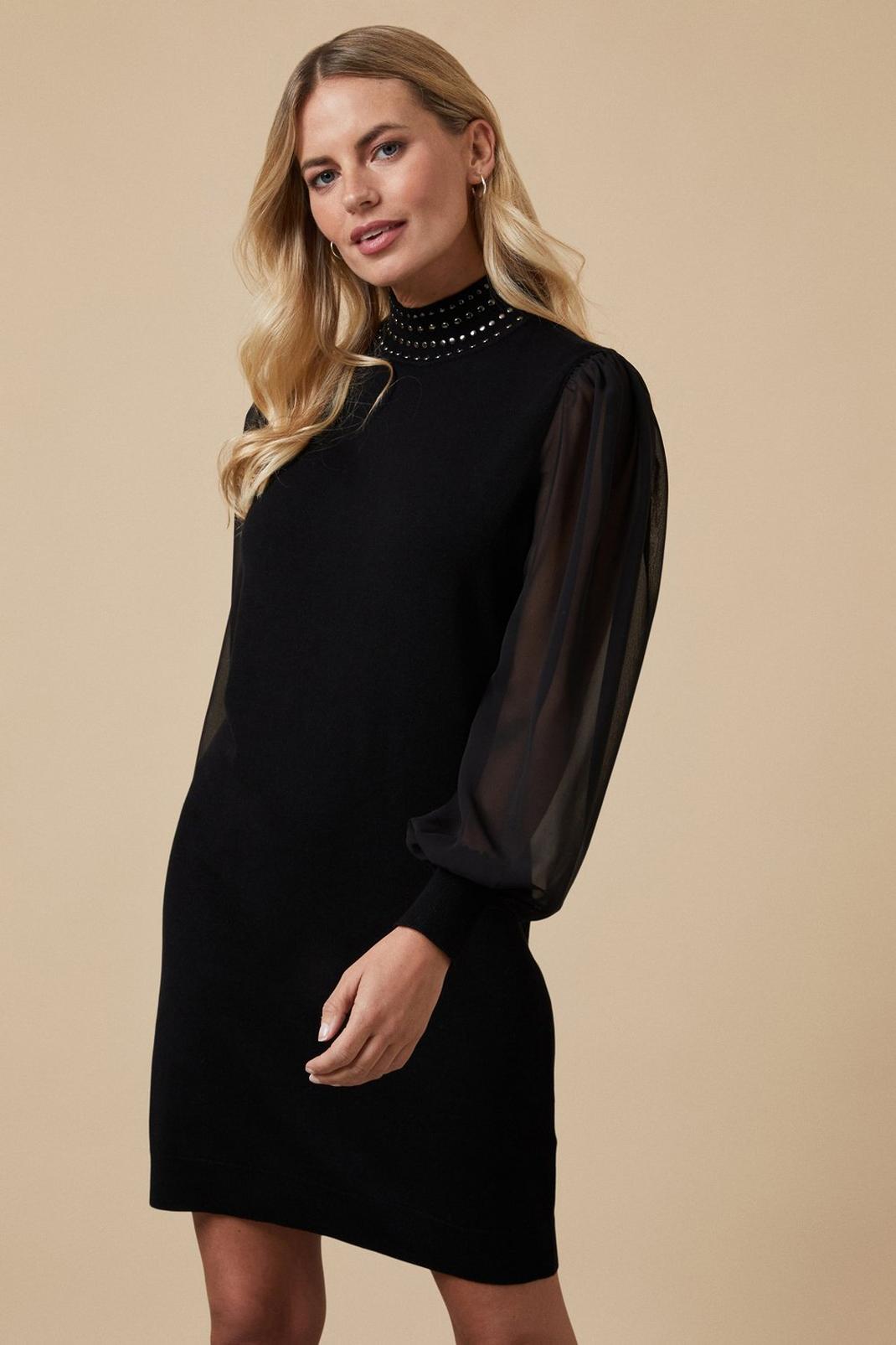 Black Petite Chiffon Sleeve Stud Neck Knitted Dress image number 1