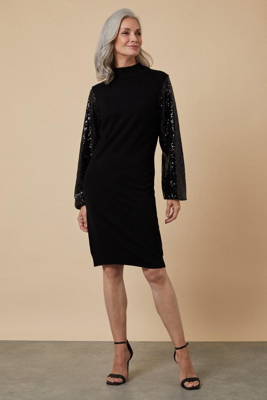Sequin Sleeve Black High Neck Knitted Dress