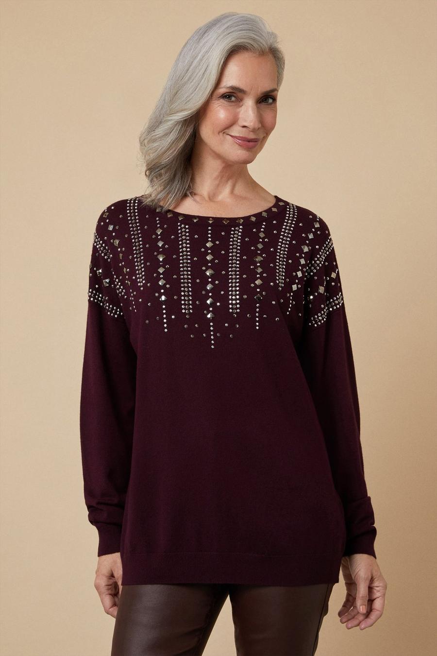 Tall Berry Linear Crystal Crew Neck Jumper