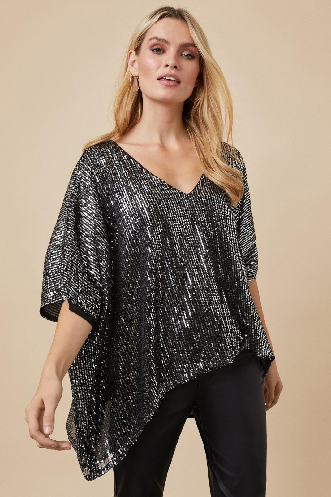 Black Sequin Asymmetric Overlay Top image number 1