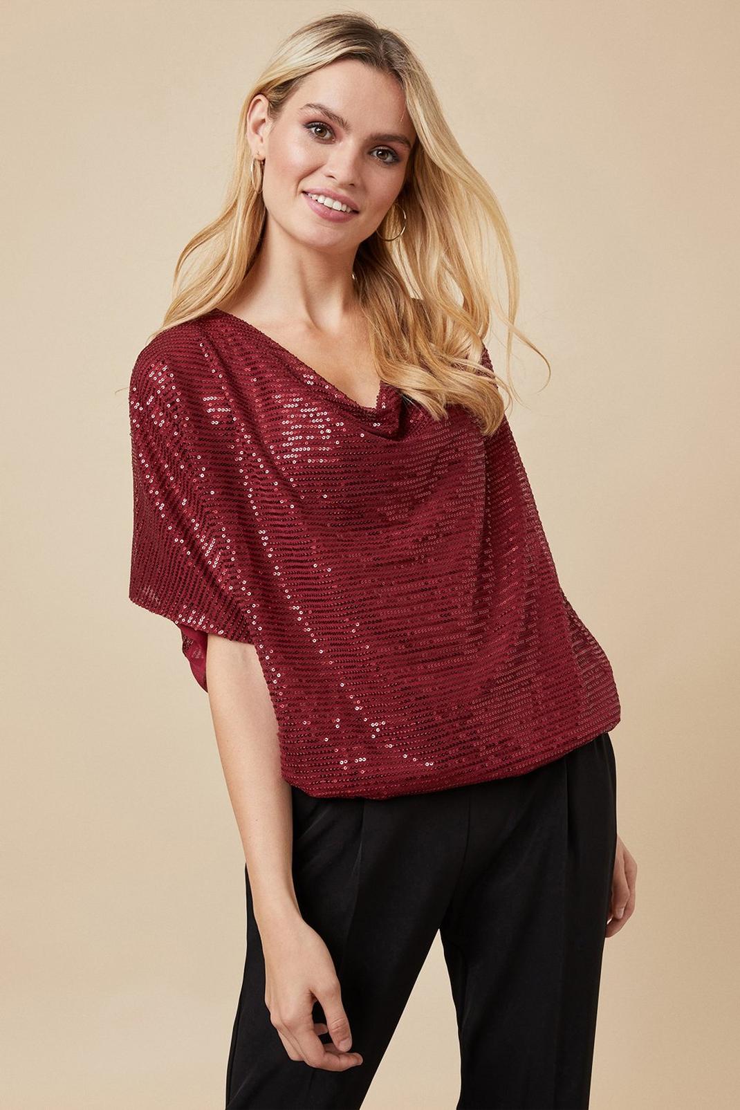 Wine Sequin Cowl Shell Top image number 1