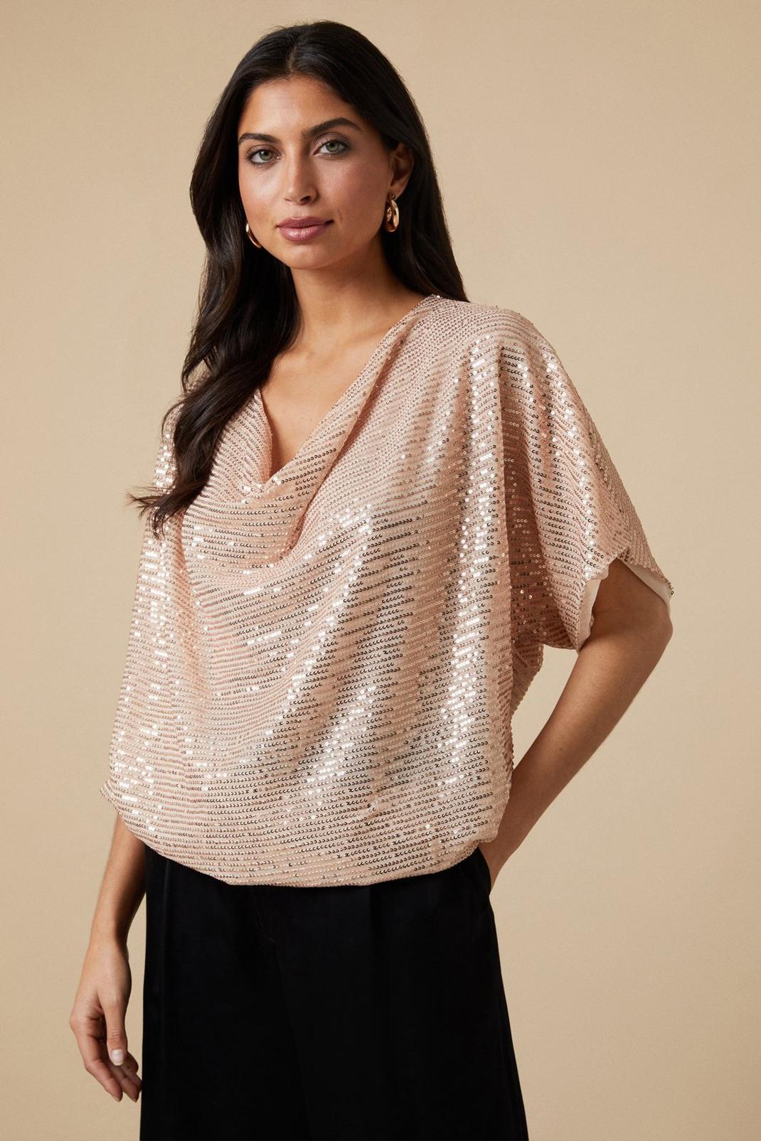 Gold Sequin Cowl Shell Top image number 1