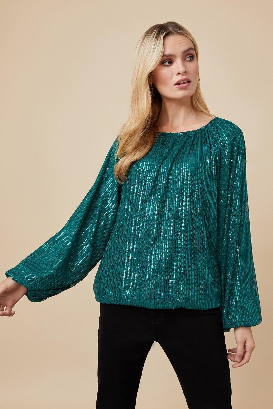 Emerald Sequin Gathered Detail Top image number 1