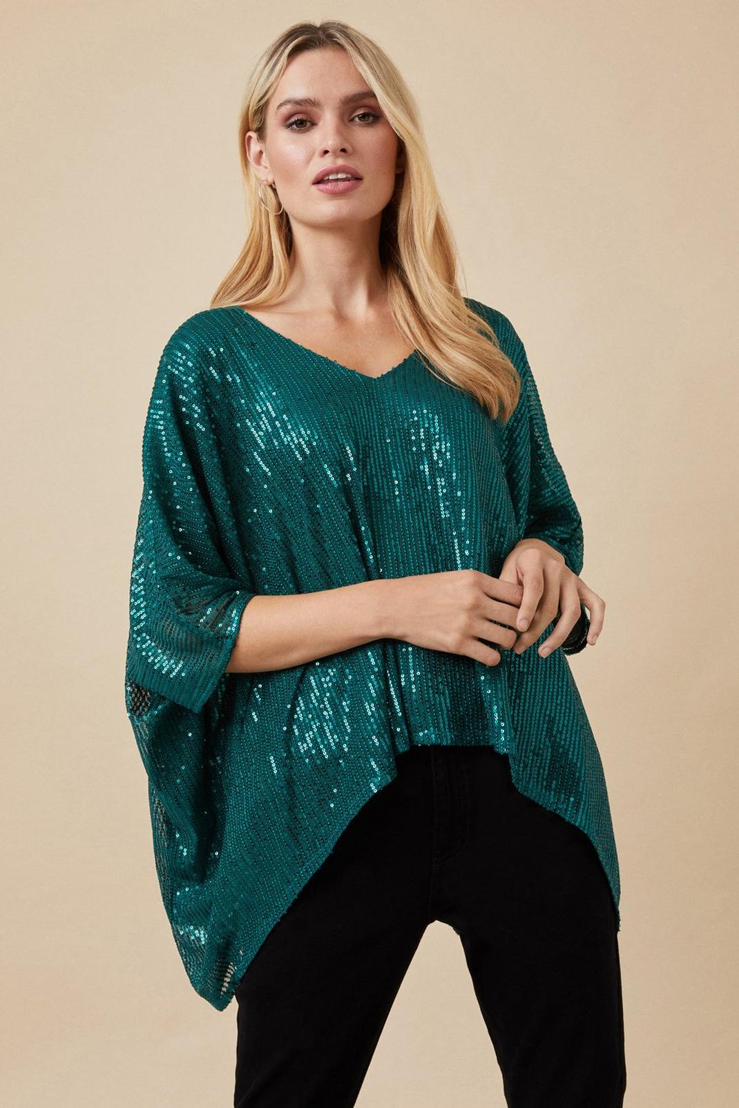 Emerald Sequin Asymmetric Overlay Top image number 1