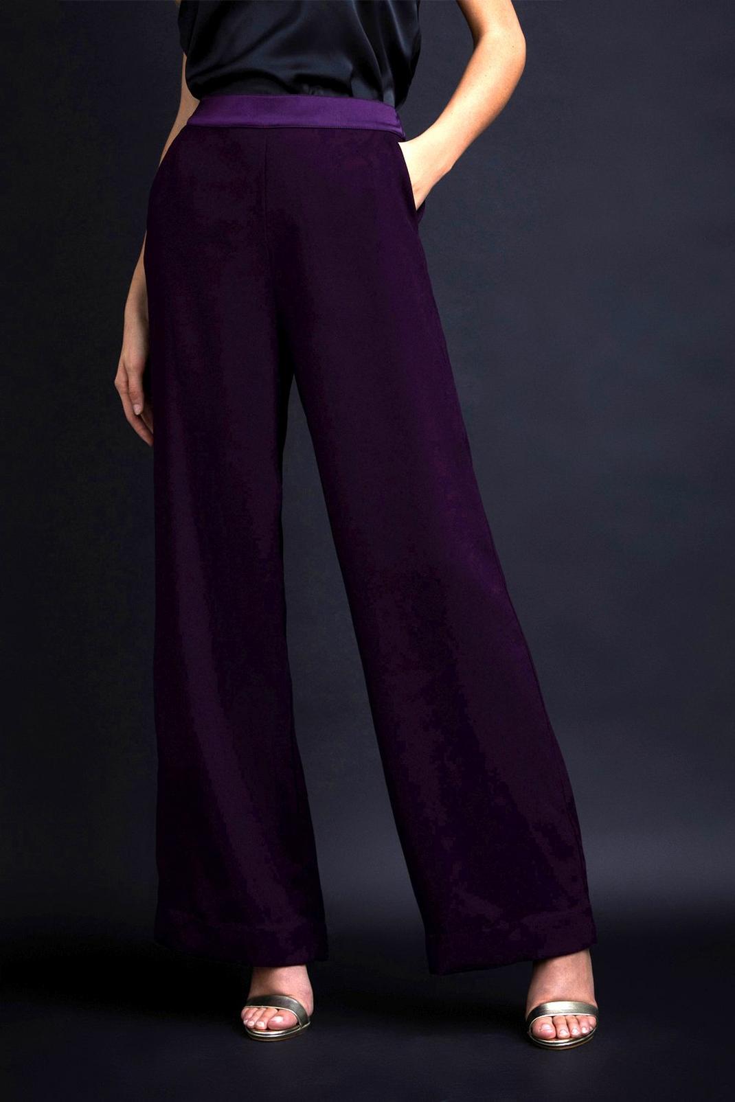 Purple Satin Crepe Elasticated Waist Suit Trousers image number 1