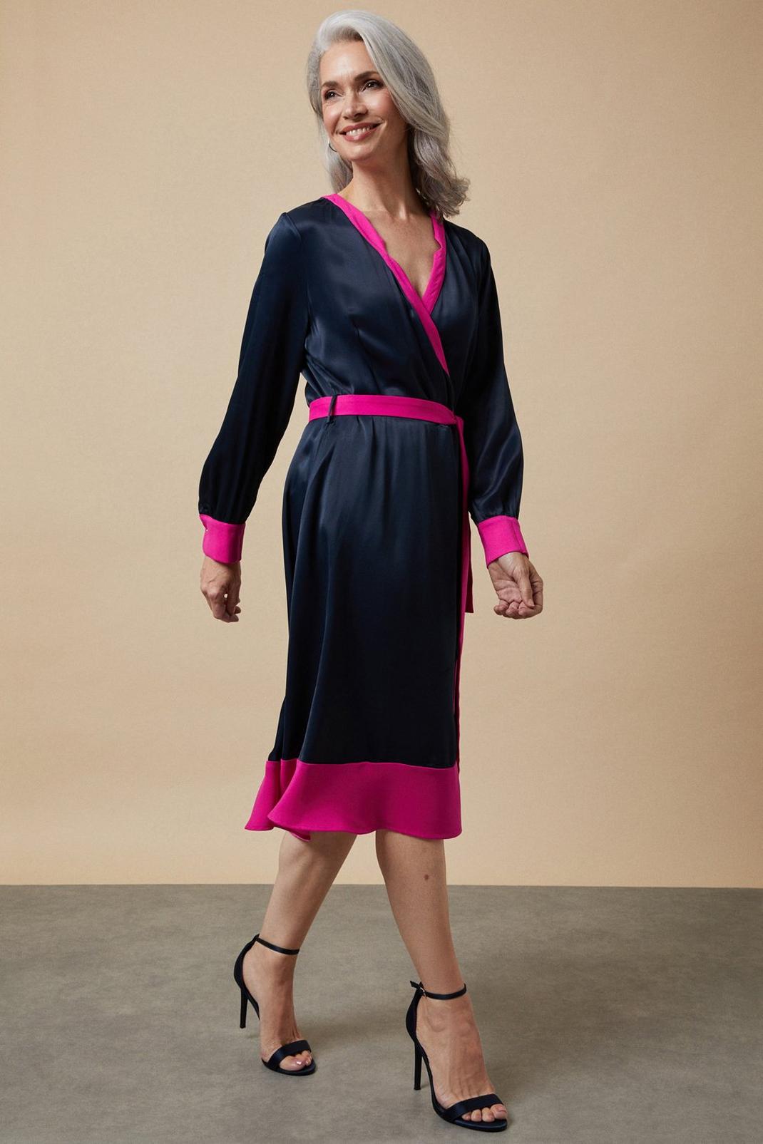 Navy And Pink Satin Wrap Dress image number 1