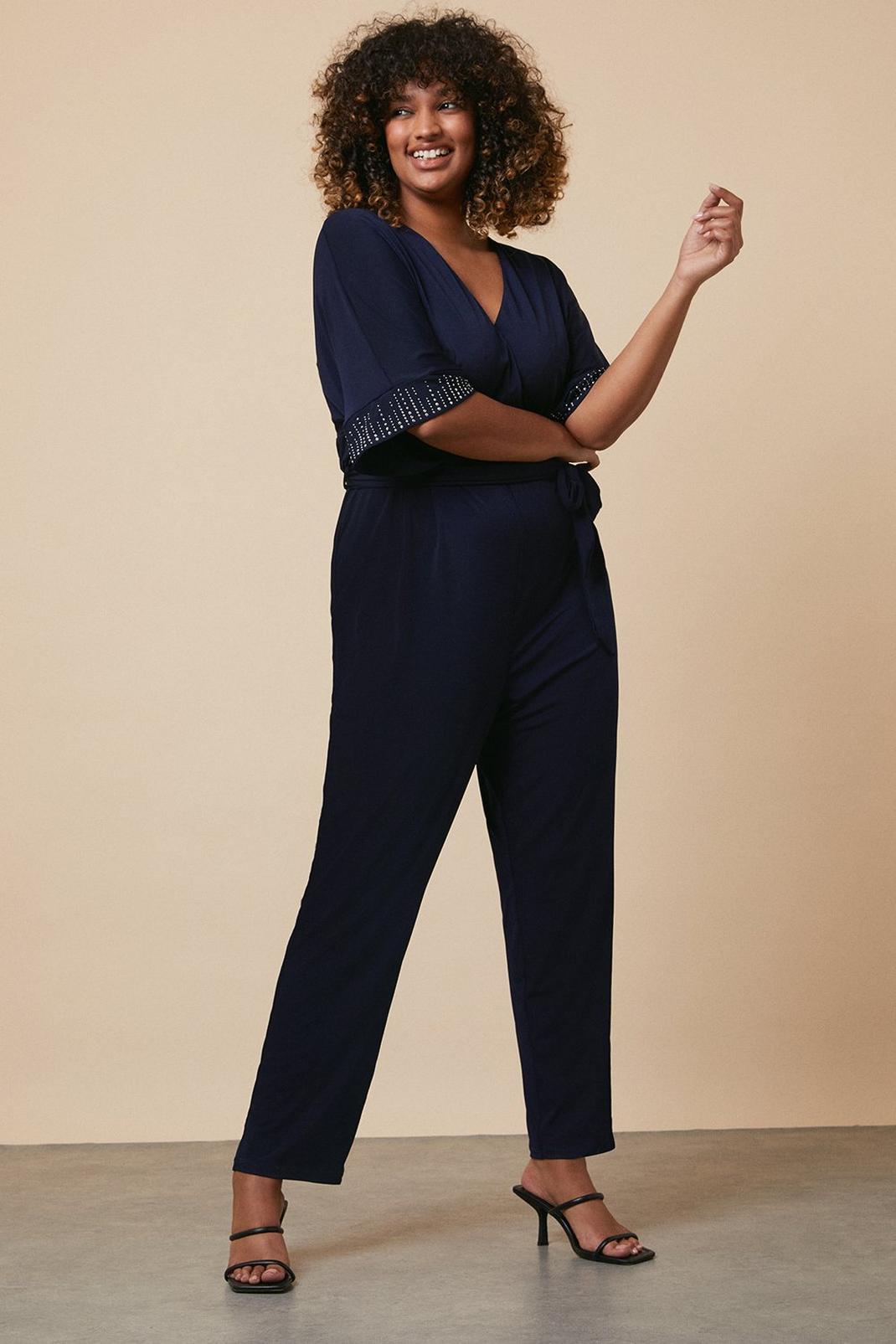 Navy Curve Belted Jumpsuit Hotfix Cuffs image number 1