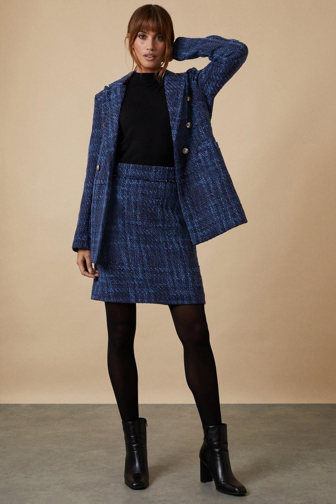 Tall Blue and Black Check Boucle Blazer image number 1