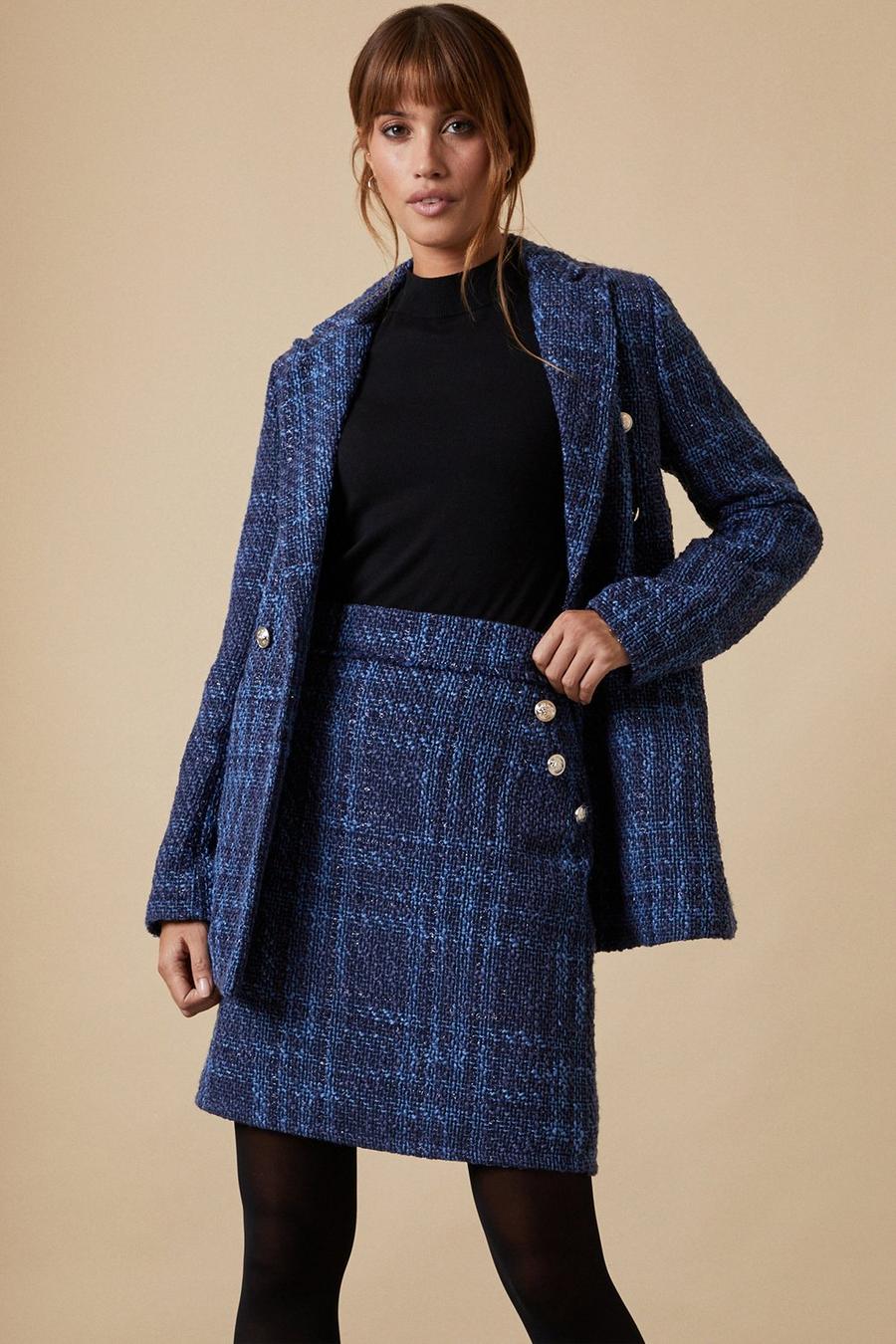 Tall Blue and Black Check Boucle Skirt