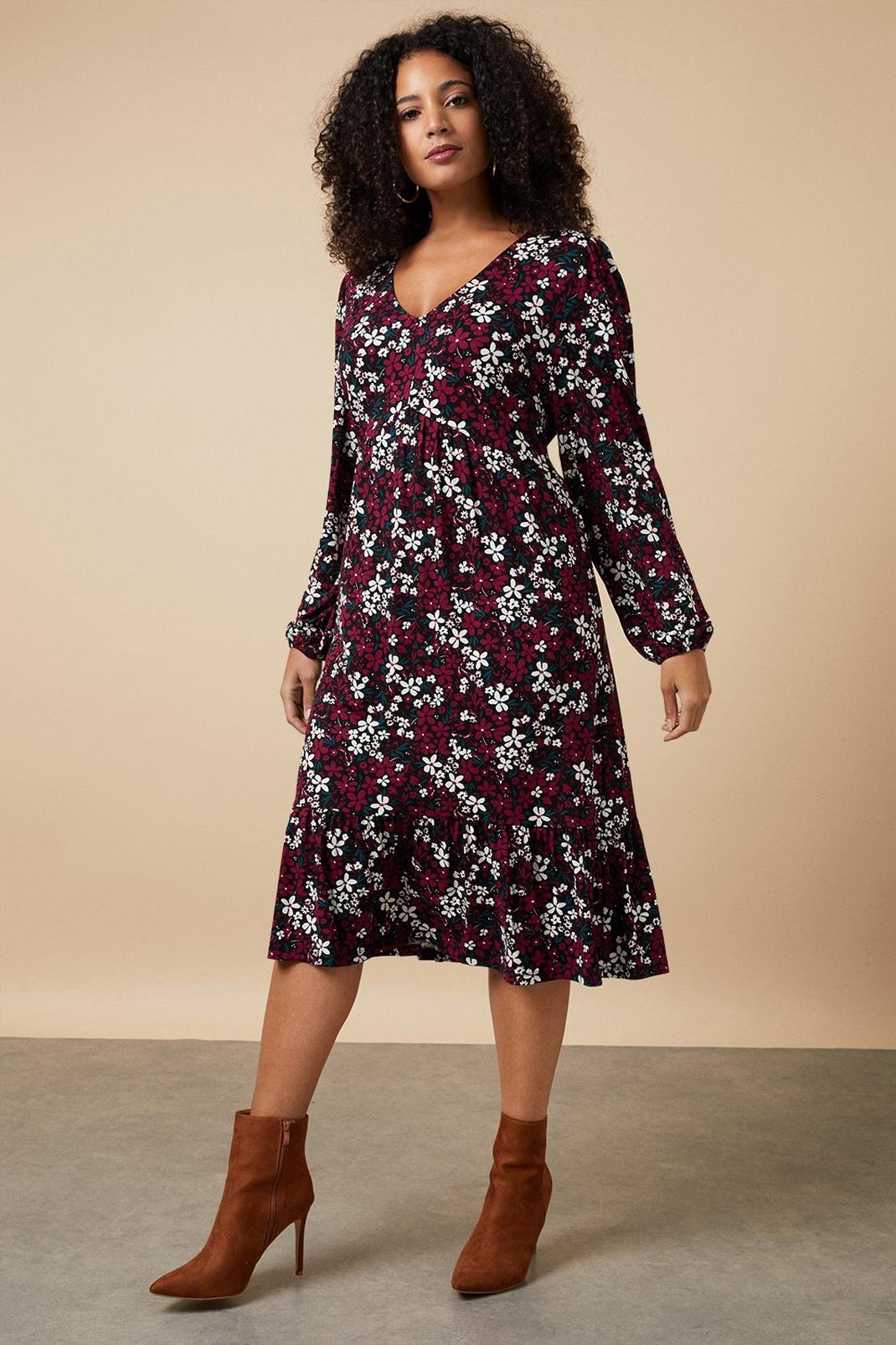 Curve Berry Floral Tiered Jersey Midi Dress image number 1