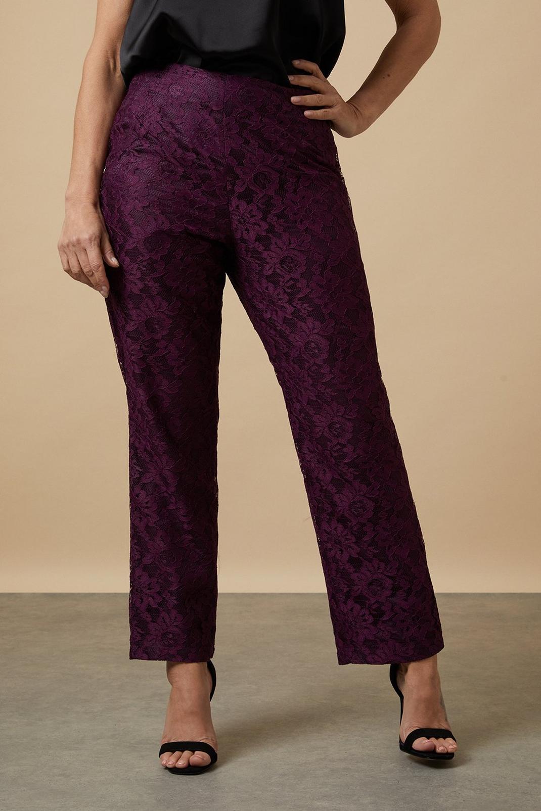 Petite Purple Lace Straight Leg Trousers image number 1