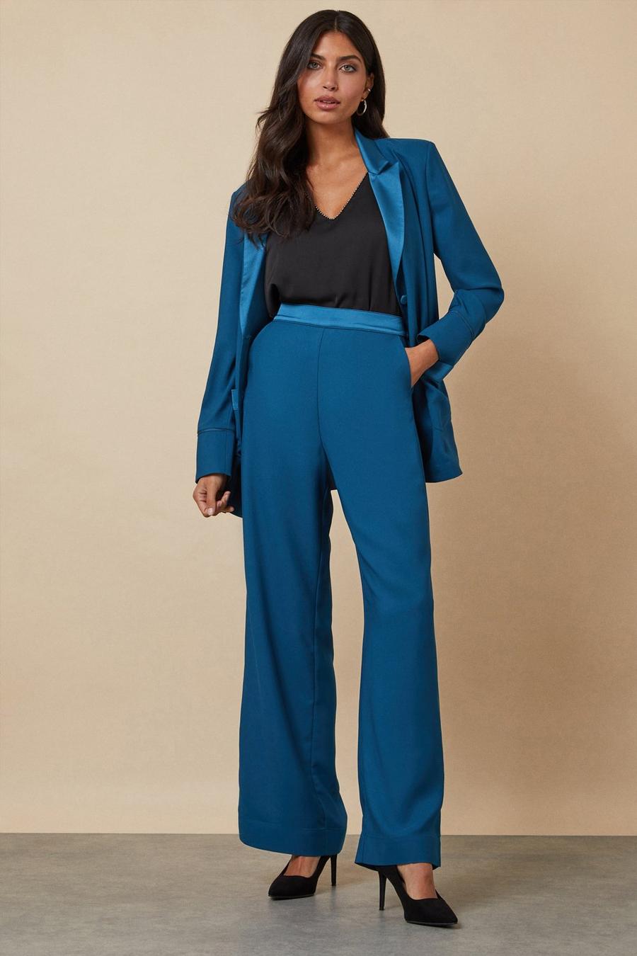 Teal Satin Wide Leg Trousers