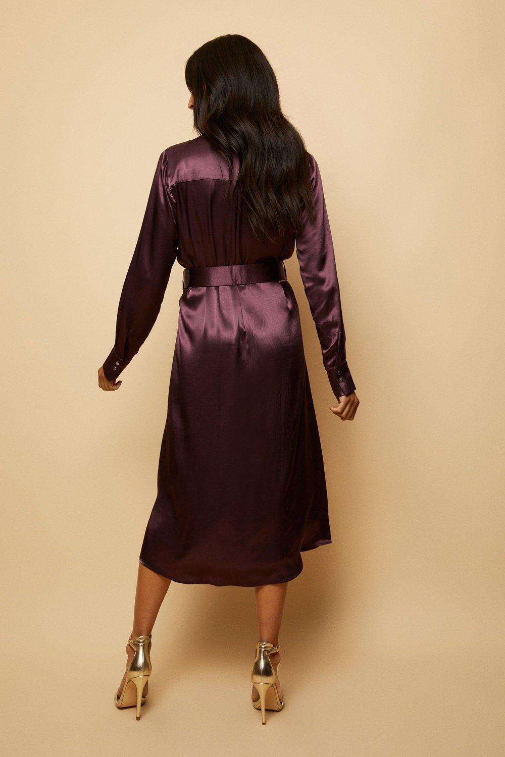 Dresses, Plum Satin Pocket Shirt Dress