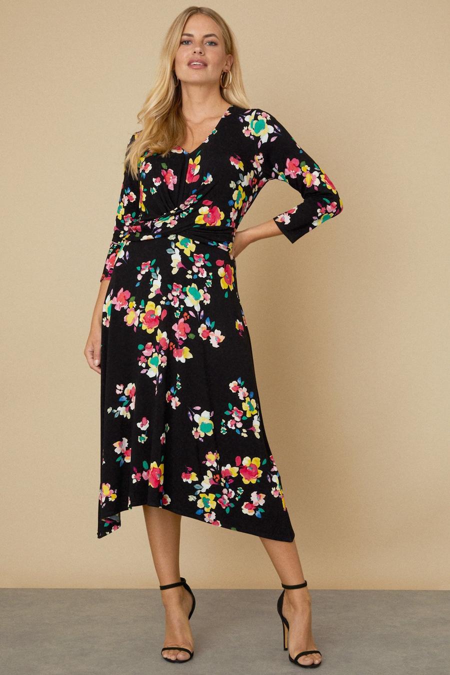 Petite Black Floral Twist Front Jersey Dress 