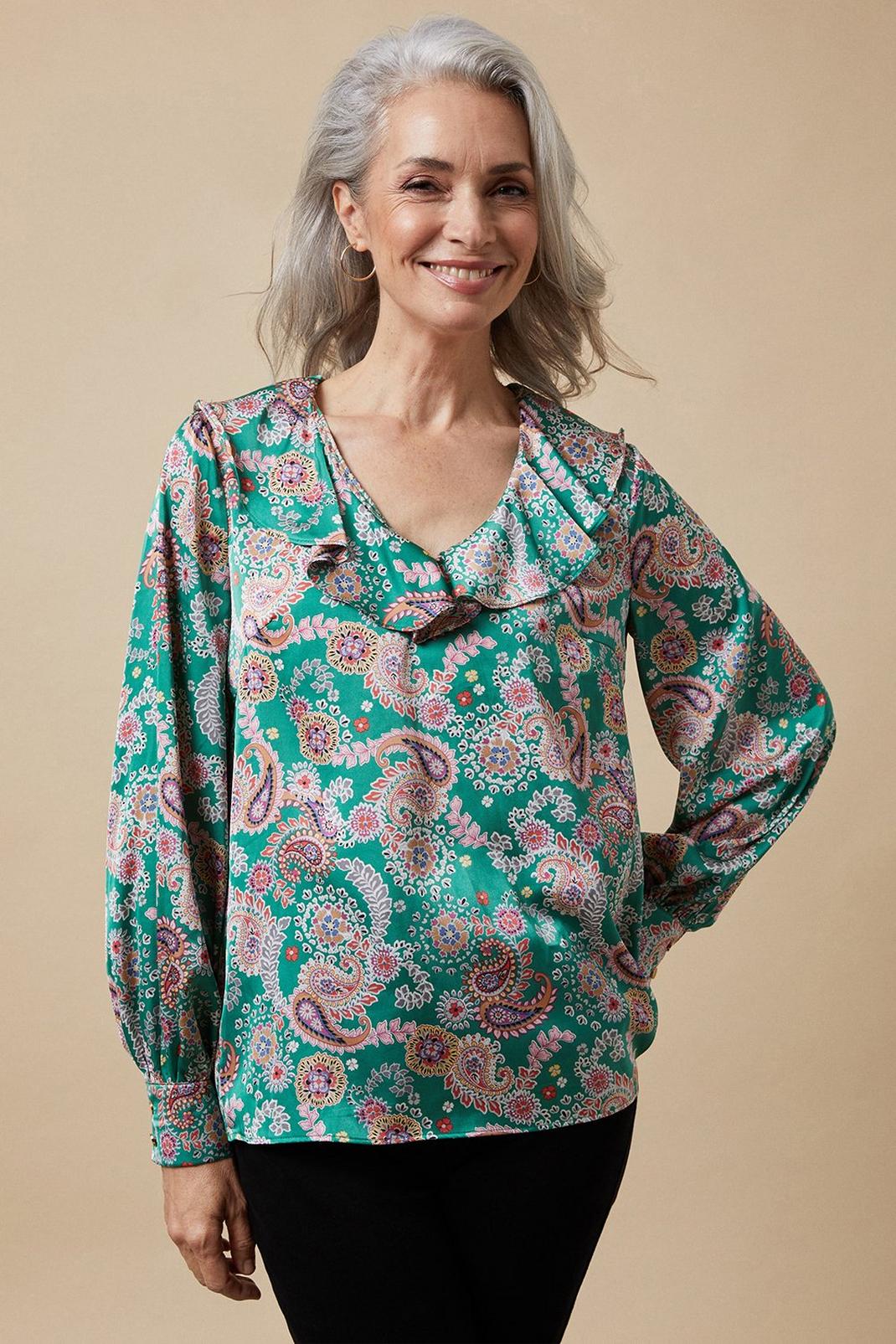 Green Paisley Ruffle Front Blouse image number 1
