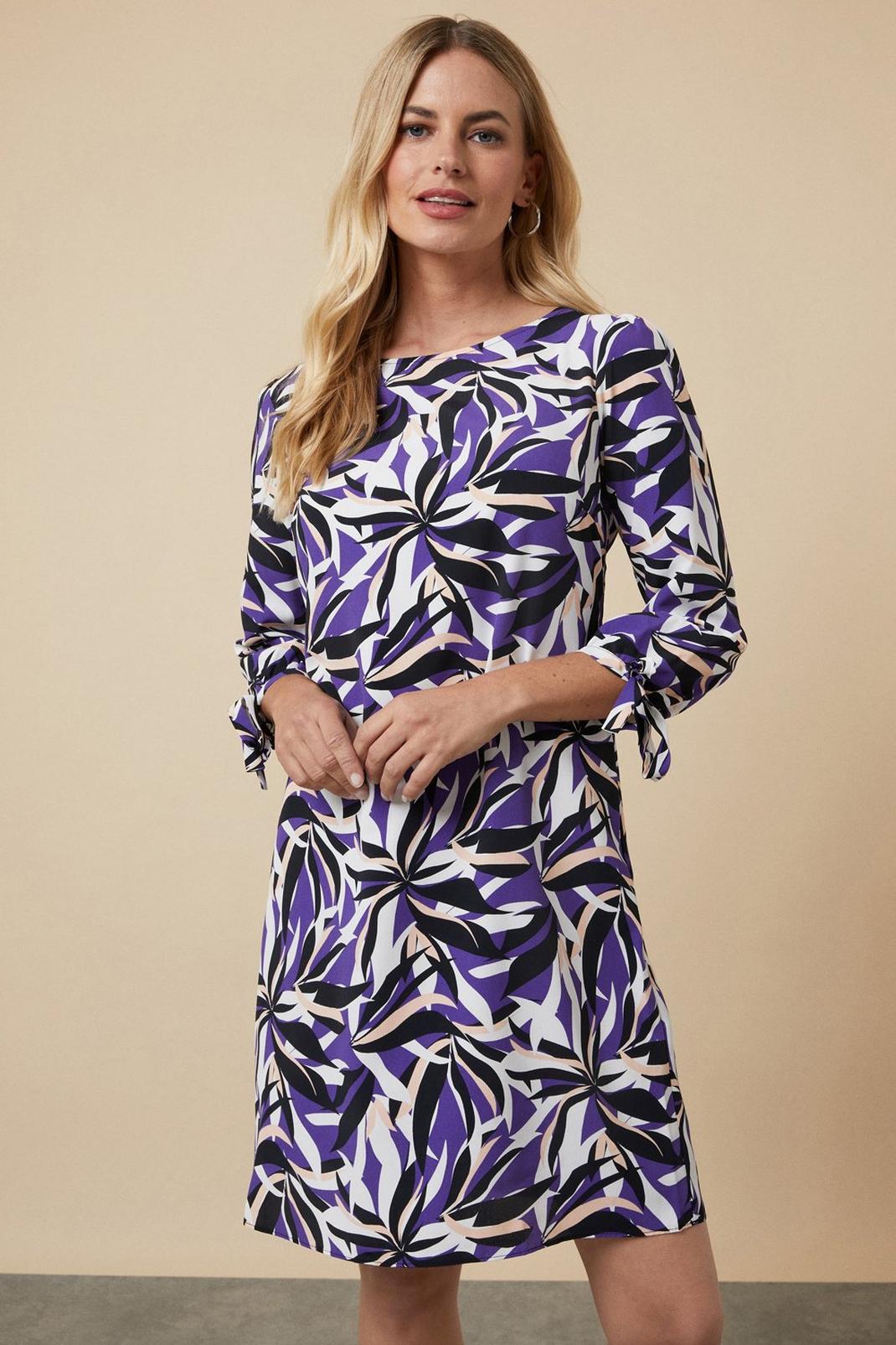 Petite Blue Abstract Tie Cuff Shift Dress image number 1