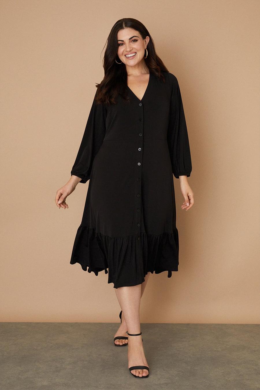 Curve Plain Black Button Through Midi Dress