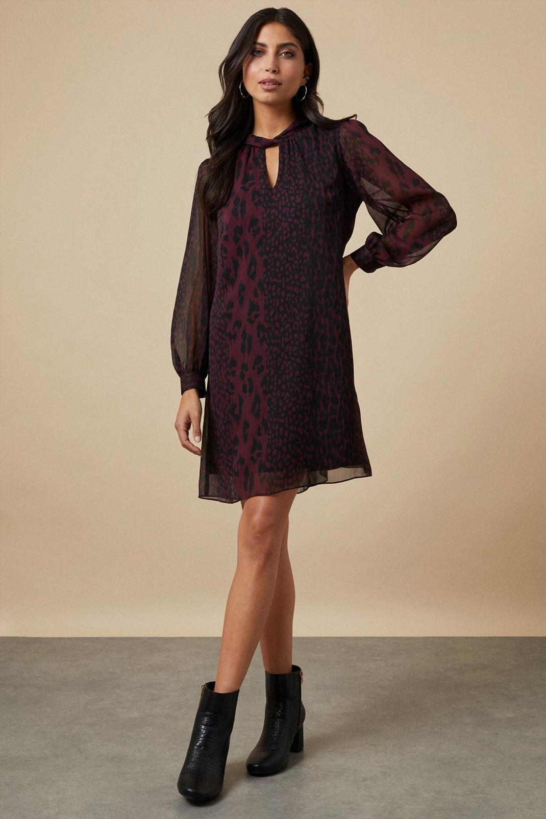 Berry Abstract Animal Twist Neck Shift Dress image number 1