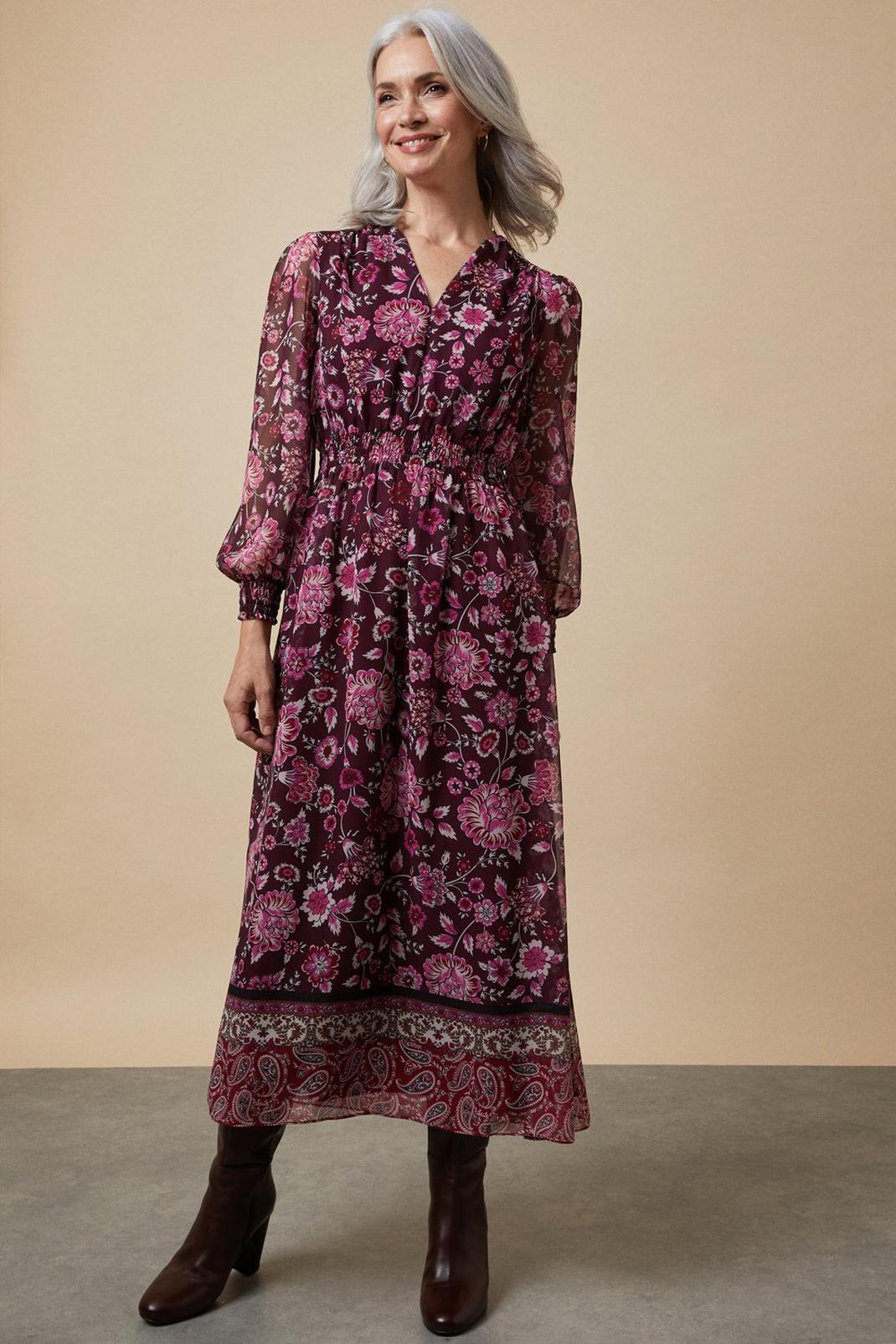 Berry Floral Border Sheer Volume Sleeve Tea Dress image number 1