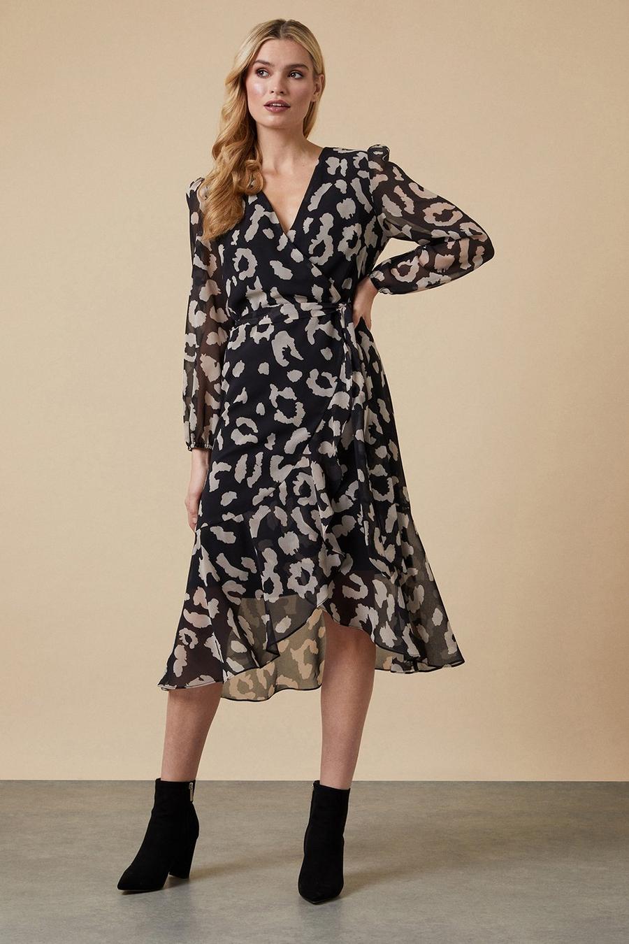 Mono Leopard Belted Wrap Dress