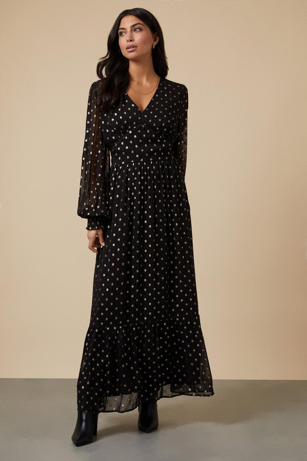 Tall Black Spot Foil Shirred Midi Dress | Wallis UK