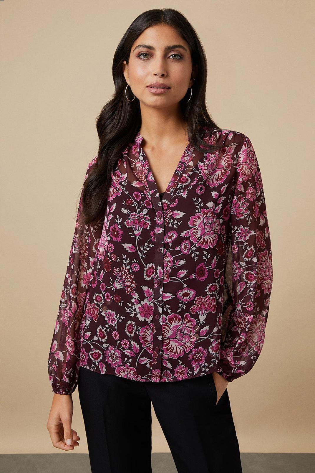 Berry Floral Frill Sleeve Button Down Blouse image number 1