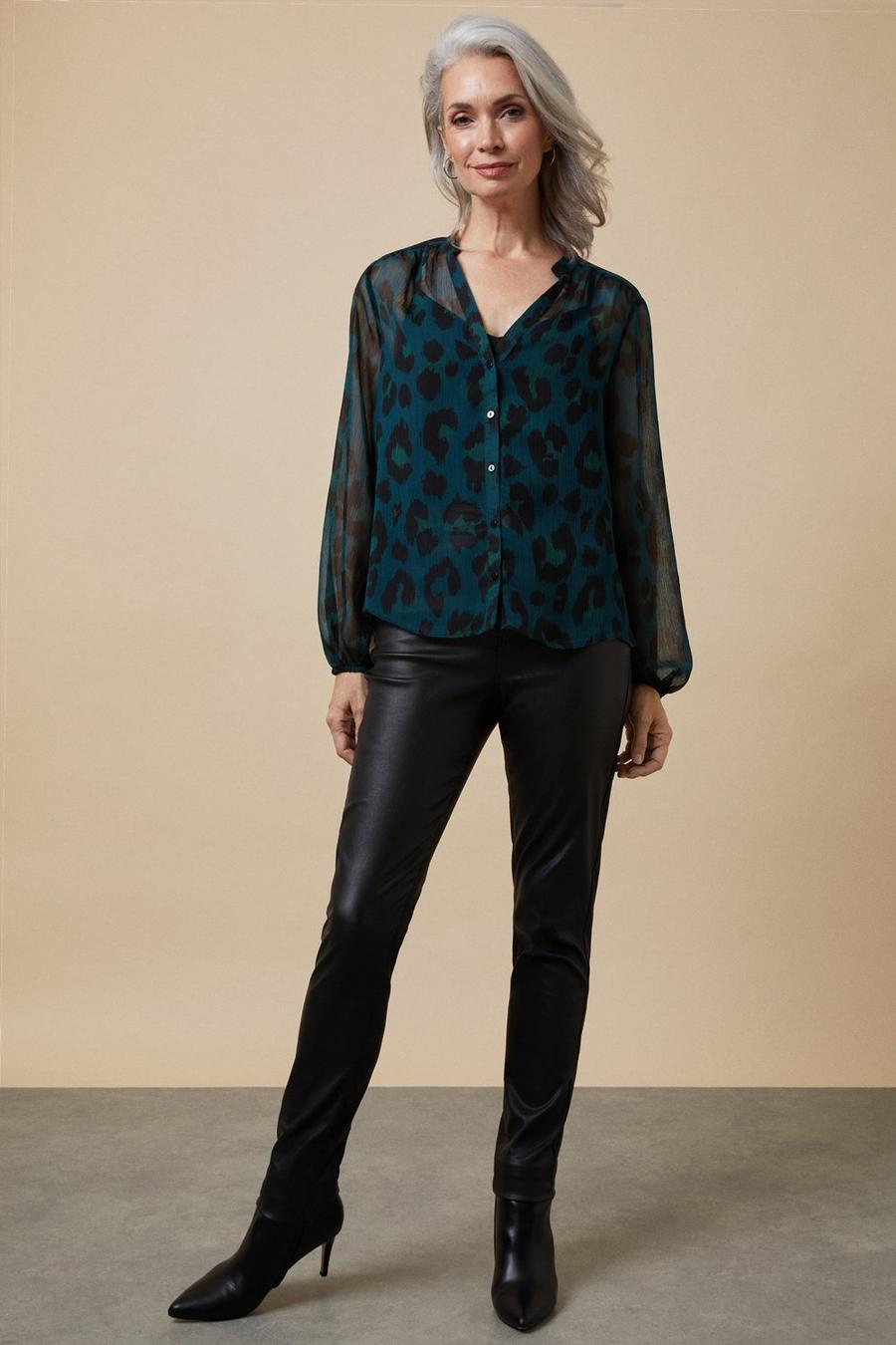 Teal Animal Frill Sleeve Button Down Blouse
