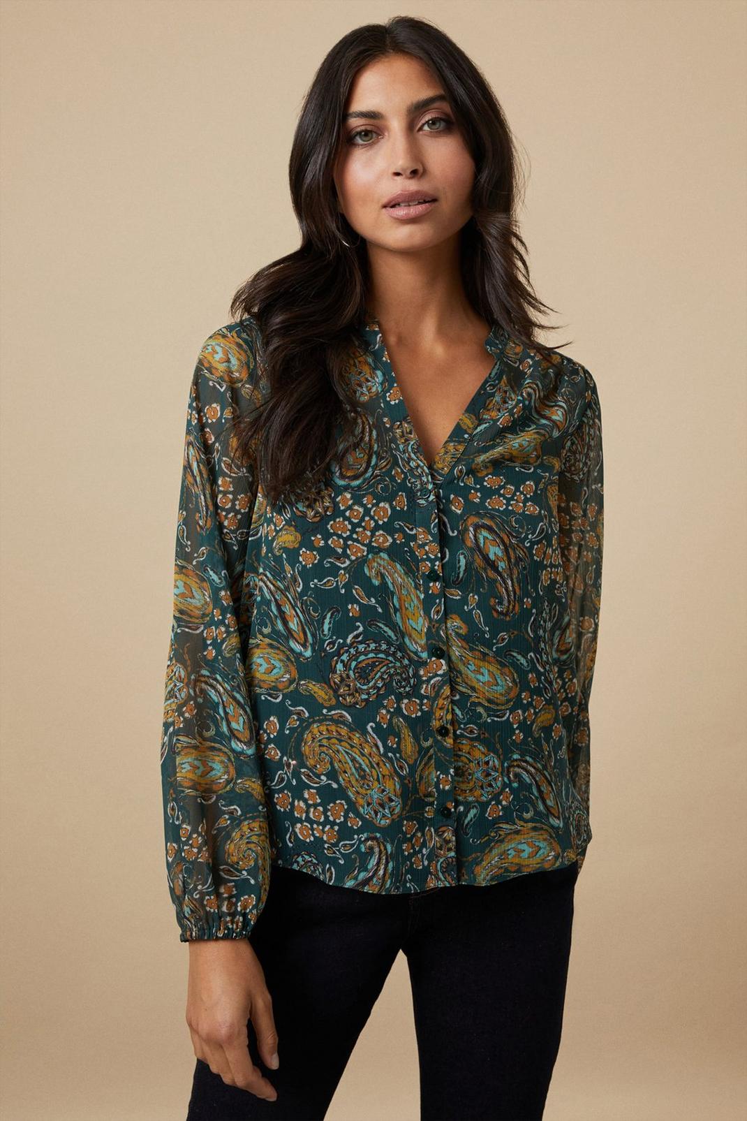 Green Paisley Frill Sleeve Button Down Blouse image number 1