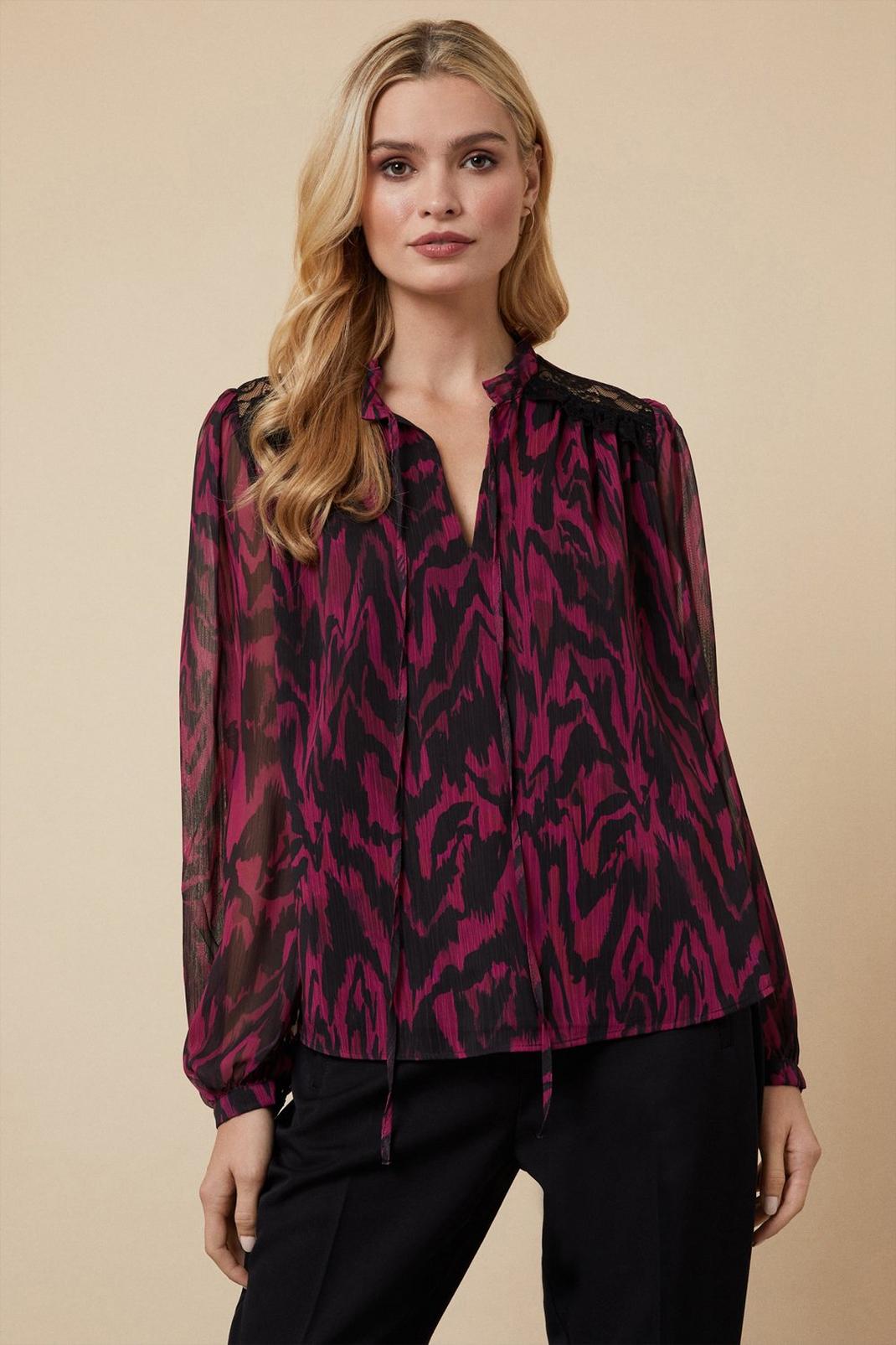Berry Tiger Frill Neck Blouse image number 1