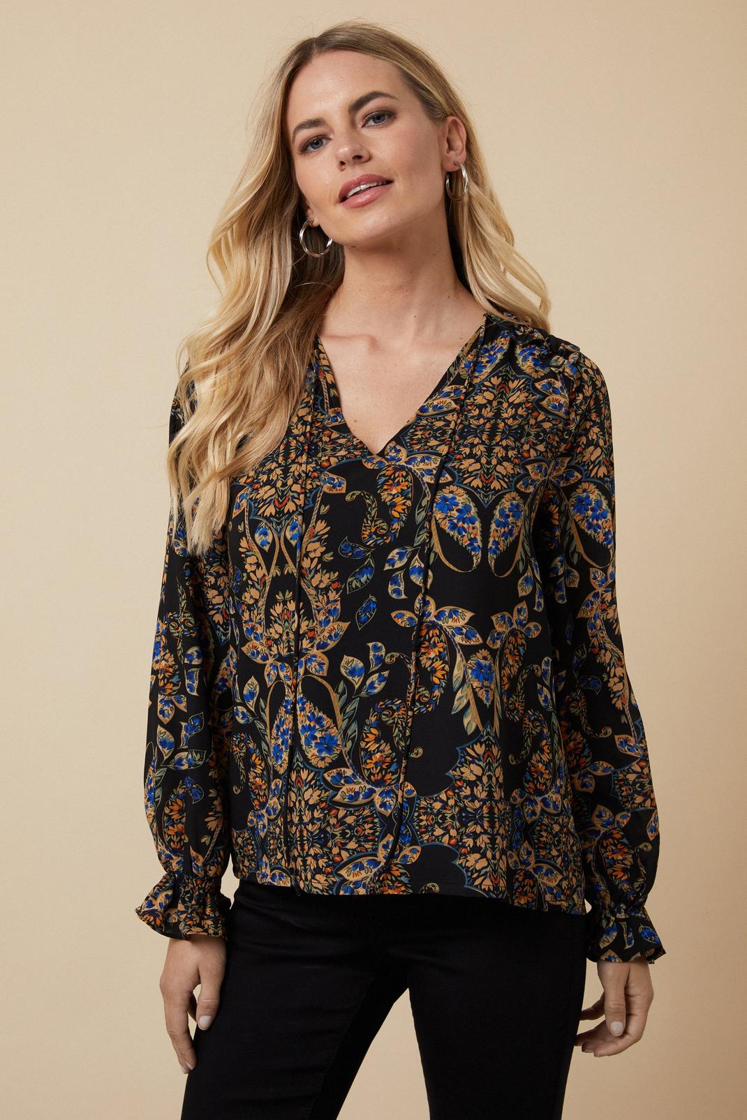 Petite Black Paisley Tie Neck Ruched Blouse image number 1