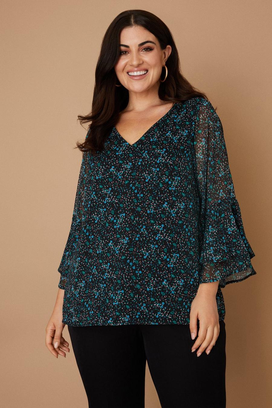 Curve Teal Ditsy Ruffle Sleeve Top