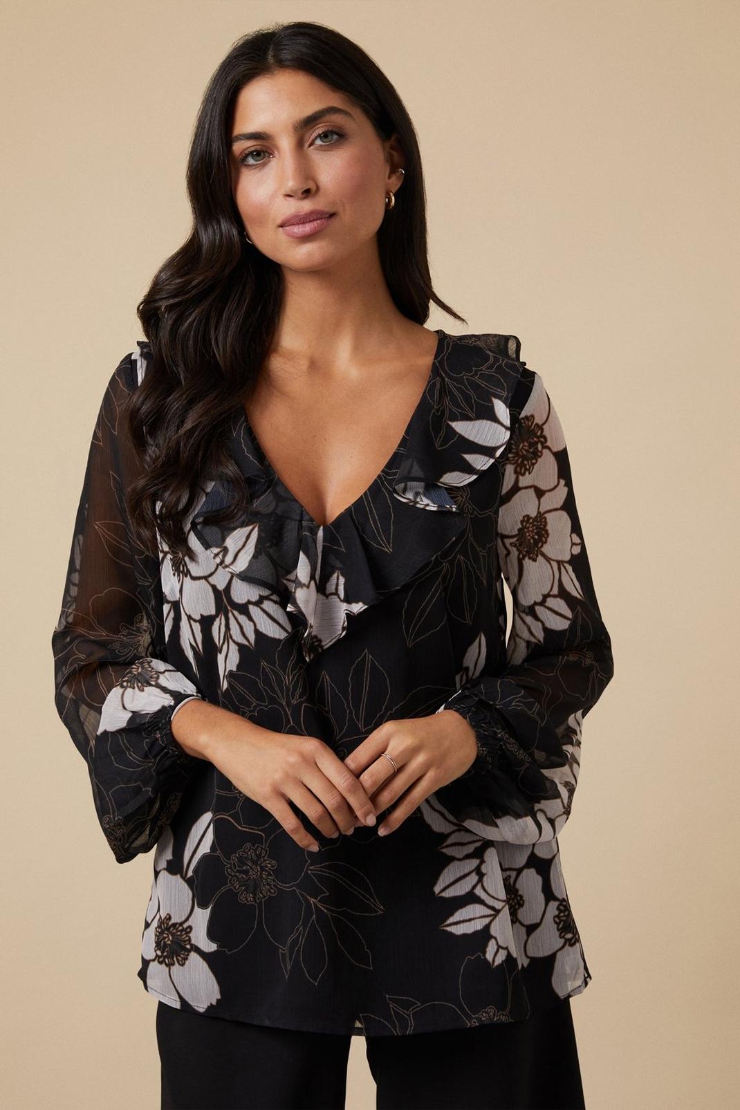 Tall Black Floral Ruffle Front Blouse image number 1